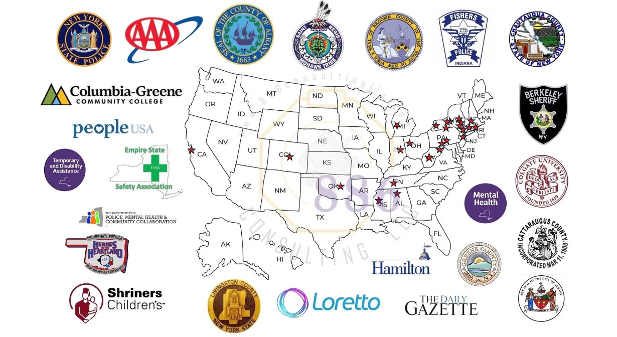 Client organizations and locations served by 886 Consulting